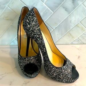 Jimmy Choo 145mm Platform Black and Silver Glitter Stilettos Size 38.5